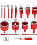 Pro Brazed Hole Saw Kit For Tile Glass Marble Cutting In 12 Sizes With Dry Wet Drill Bits Plus Locating Mold Storage Case Ejection Pin And Positioning Tools For Serious DIY Home Projects You Gonna Love This Set, 12 red diamond hole saw bits