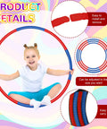 Smiling child sitting inside Two Pack Adjustable Toy Hoop Exercise Rings Set With Detachable Plastic Blocks, red and blue hoop