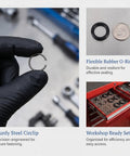 Beaty Heavy Duty 1/2 Inch Impact Wrench Retaining Rings Kit with Durable O-Ring, showing steel circlip held in gloved hand.