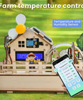 ESP32 Smart Farm Starter Kit For Arduino Fans With DIY Sensor Set And Auto Irrigation Light Soil Moisture And More Scratch Compatible Tutorials showing temperature control setup with sensors and smartphone app interface.