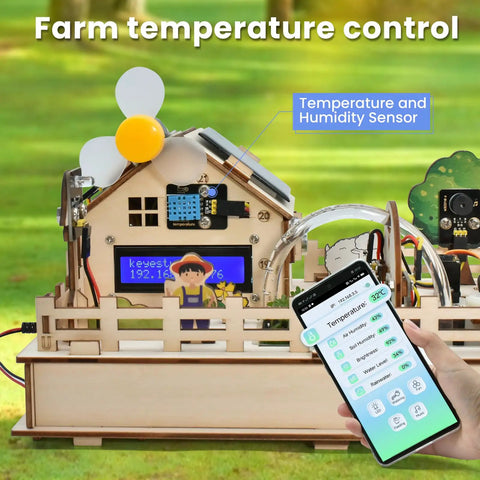 ESP32 Smart Farm Starter Kit For Arduino Fans With DIY Sensor Set And Auto Irrigation Light Soil Moisture And More Scratch Compatible Tutorials showing temperature control setup with sensors and smartphone app interface.