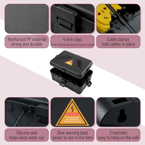 Large Outdoor Electrical Box Waterproof Weatherproof Enclosure Black For Protecting Extension Cords Plugs Sockets Timers And Power Strips Made From Heavy Duty Plastic Measures 12.5 By 8.5 By 5 Inches, black PP box with cable clamps and seal