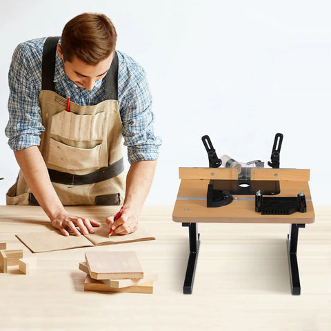 Solid Build Router Table With Heavy Duty Stand And Adjustable Fence Premium Mdf Workbench used by a man sketching on wood in workshop.
