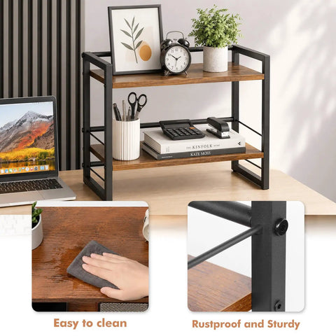 Two Tier Wood Desk Shelf Organizer For Office And Home Space Saving Desktop Bookshelf And Storage Rack with decor items on desk