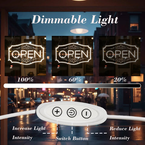 Lit Neon Open Sign For Business With Dimmable LED Warm White Glow, 16.5 By 10.5 Inch, Includes 12V 2A Adapter, dimmable light feature