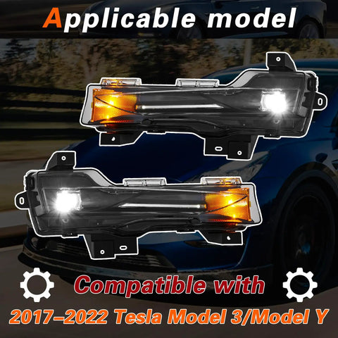 Heavy Duty LED Fog Light Kit For 2017 To 2022 Tesla Model 3 And 2019 To 2024 Model Y front bumper lamps with amber signal.