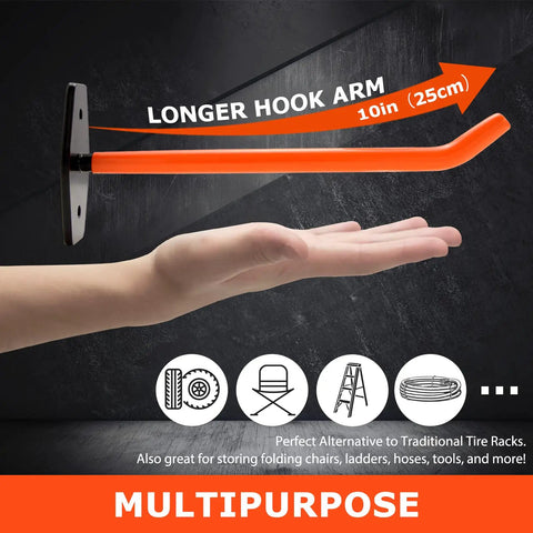 Longer hook arm 10in heavy duty garage hooks 4 pack wall mount tire storage system with anti slip coating holds up to 88 lbs