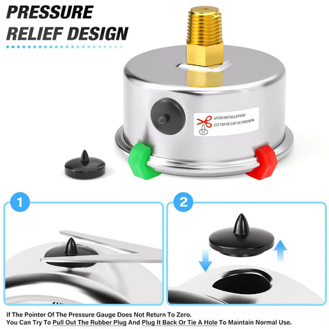 Stainless Steel Liquid Filled Pressure Gauge WOG 0-200 PSI, 1/8 NPT, 1.5 Inch Dial, featuring pressure relief design demo.