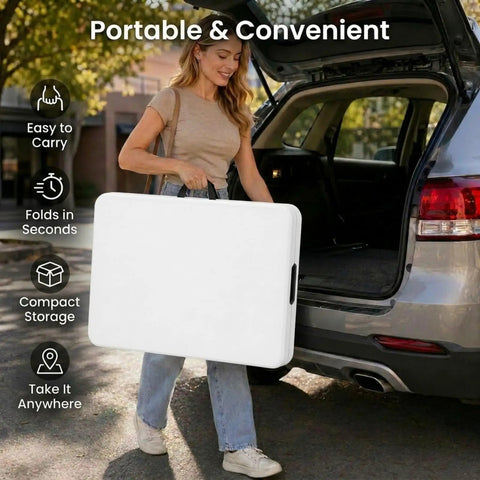 Person carrying a Six Foot Folding Table For Indoor And Outdoor Use, Lightweight Portable Rectangular White Plastic Dining Table With Steel Legs
