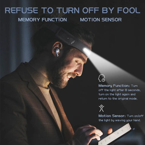 Man using rechargeable LED headlamp with motion sensor and memory function, hands-free headlight, 260-degree beam indoors.