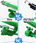 Side-by-side comparison of new and old style heavy duty farm irrigation sprinkler with 360 degree spray for wide coverage.