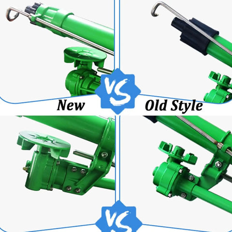 Side-by-side comparison of new and old style heavy duty farm irrigation sprinkler with 360 degree spray for wide coverage.