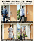 WiFi Smart Keypad Deadbolt Lock With App Remote Control No Hub Needed Works With Alexa And Google Assistant Keyless Entry Auto Lock Satin Nickel Finish For Easy Front Door Security Say Goodbye To Keys shown with various users entering a home.