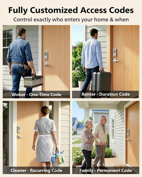 WiFi Smart Keypad Deadbolt Lock With App Remote Control No Hub Needed Works With Alexa And Google Assistant Keyless Entry Auto Lock Satin Nickel Finish For Easy Front Door Security Say Goodbye To Keys shown with various users entering a home.