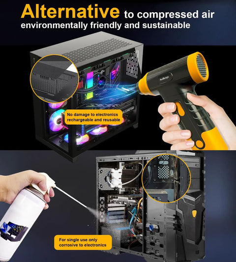 Powerful Cordless Electric Air Duster And Blower For Tech Cleaning Keyboard PC And Cameras showing use and benefits