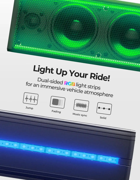 Six Speaker Metal UTV Sound Bar, 25 Inch IP65 Waterproof ATV and Golf Cart Speaker With RGB Lights, green and blue lighting effects.