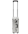 Side view of Aluminum Frame Case With Trolley 19 In X 10 In X 14 In Silver, Portable Pilot Style Storage Case showing handle and wheels.