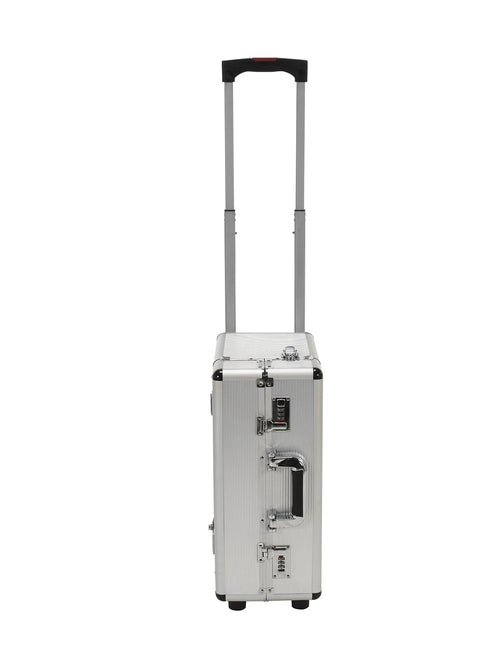 Side view of Aluminum Frame Case With Trolley 19 In X 10 In X 14 In Silver, Portable Pilot Style Storage Case showing handle and wheels.