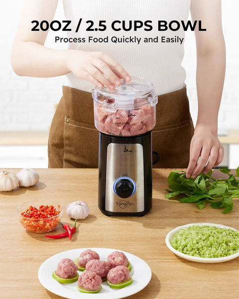 Person using 5 In 1 Kitchen Blender And Food Processor Set For Smoothies Sauces Salsa And More with BPA Free 2.5 cup chopper bowl.