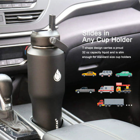 Built Tough 32 Oz Stainless Steel Water Bottle With Straw Cap And Wide Mouth Double Wall Vacuum Insulation Keeps Your Drinks Frosty Or Boiling Through Road Trips And Gym Hacks Without Drip Drama Slim Fit Slips Right Into Cup Holders Black in car's cup holder.
