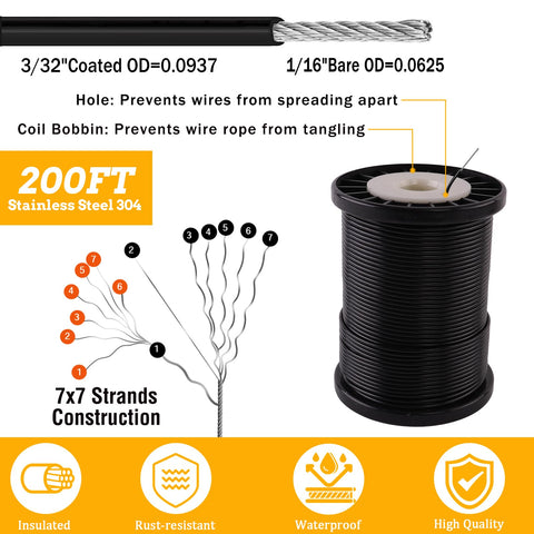 Outdoor String Light Hanging Kit With 200 Ft Nylon Coated Stainless Steel 304 Wire Rope Cable Turnbuckle Plus Gear