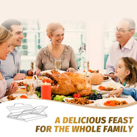 Family enjoying meal with turkey, Adjustable Chicken Roasting Rack With Nonstick Coating, Stainless Steel Folding V Shape Stand
