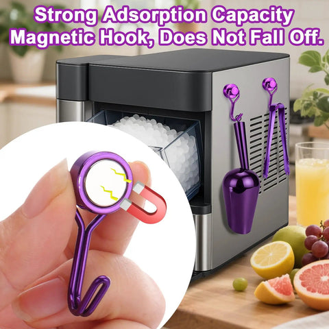 Heavy Duty Ice Scoop For Freezer With Magnetic Hook And Ice Tongs on stainless steel fridge demonstrating strong magnetic hold.