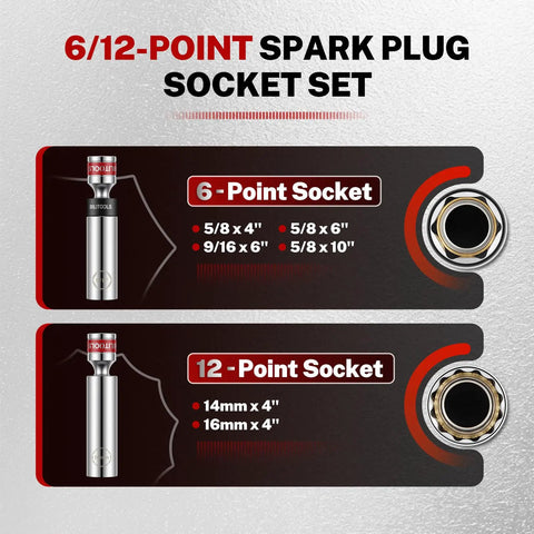 6 and 12 point spark plug socket set with 9/16, 5/8, 14mm, 16mm sizes for Magnetic Swivel Spark Plug Socket Set With Gap Tool, 3/8 Inch Drive, Auto Maintenance Kit For Any DIYer In The Shop