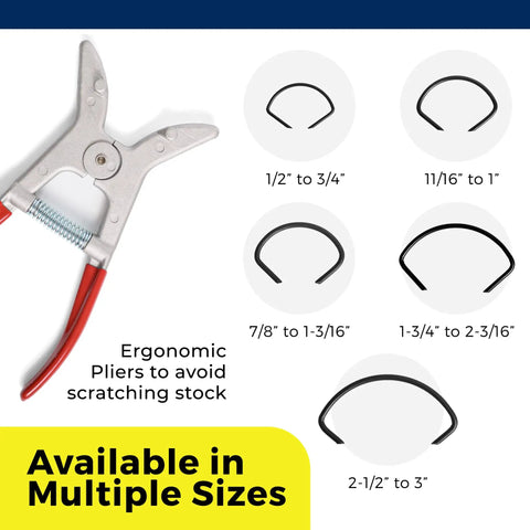 Eight Pack Miter Spring Clamps For Woodworking Projects Easy Glue Ups Of Mitered Corners Fast Hold For Picture Frames Crown Molding And Trim Range From Eleven Sixteenths To One Inch showing ergonomic pliers and assorted clamp sizes.
