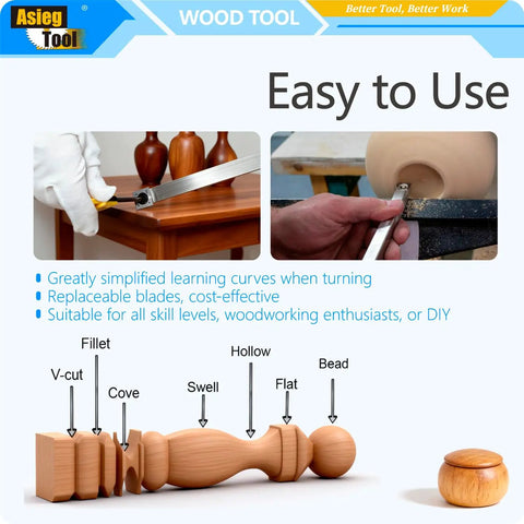 Carbide Tipped Wood Turning Tools Lathe Set With Rougher Detailer Finisher And Swan Neck Hollower in use for shaping wood