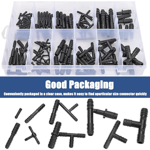 BELOMI 113-piece nylon vacuum hose connector kit in clear 12-compartment box with barbed tees, reducers, straights