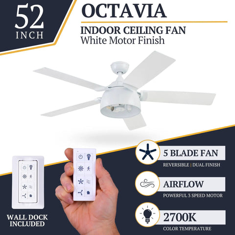 Octavia 52 Inch Industrial Style LED Ceiling Fan With Light Remote Control Dual Mounting Options Five Dual Finish Blades