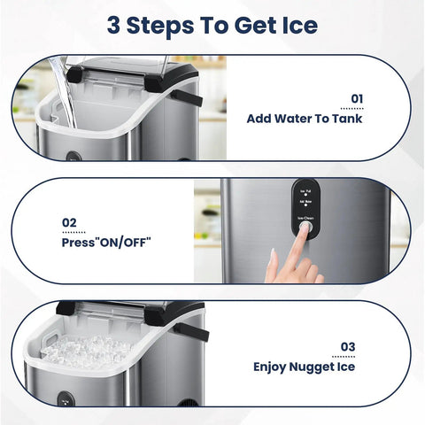 Step-by-step guide for using Crunchy Nugget Ice Maker For Countertop With Auto Cleaning 35 Lbs Per Day Portable Sonic Ice Machine.