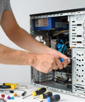 Person installing a component in a PC case using Standard 6 32 Unc Aluminum Thumb Screws Eight Pack White Anodized Hassle Free Knurled Grips.