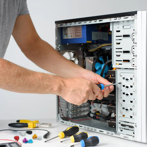 Person installing a component in a PC case using Standard 6 32 Unc Aluminum Thumb Screws Eight Pack White Anodized Hassle Free Knurled Grips.