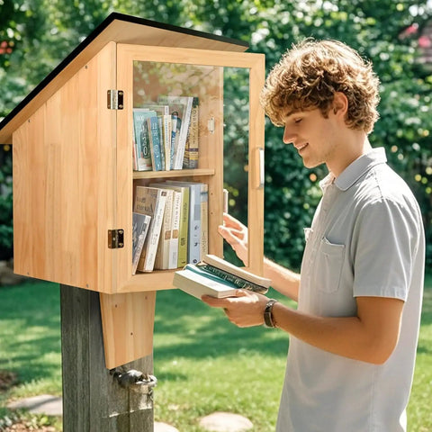 Outdoor Library Book Box With Double Shelf For Book Swapping And Sharing Weatherproof Little Library Cabinet With Shatterproof Clear Door Easy Mount DIY Wooden Storage For Neighborhoods And Schools.