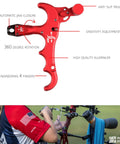 4-Finger Compound Bow Release Trigger With 360 Degree Rotating Thumb Release Aid, red aluminum design with labeled features.