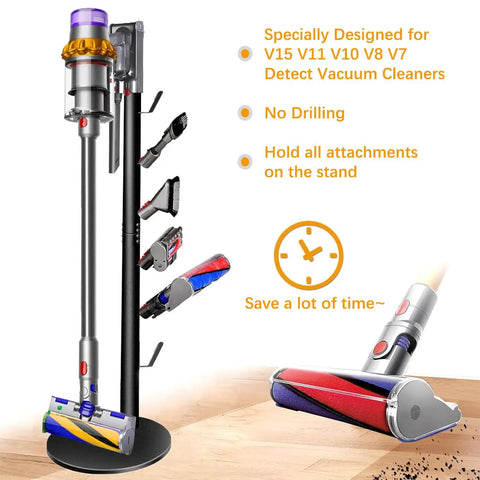Freestanding Cordless Vacuum Dock And Storage Stand With 6 Hooks metal organizer for V15 V11 V10 V8 V7 V6, displayed with accessories.