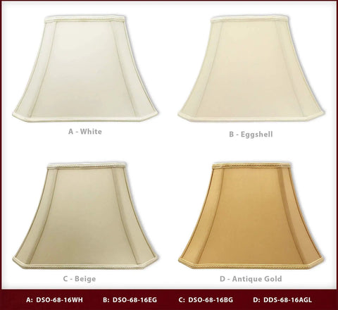 Four rectangle cut corner bell designer lamp shades in white, eggshell, beige, and antique gold with softback polycotton lining.