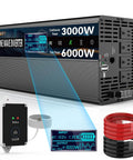 Heavy Duty 3000W Pure Sine Wave Power Inverter 12V To 120V AC Converter with display, cables, and remote control.
