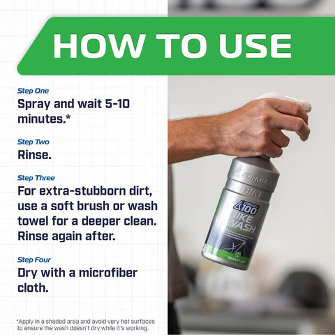 All Purpose Bike Wash Gel For Bicycles And E-Bikes That Lifts Dirt And Grime From All Surfaces, No Run Formula Keeps Your Finish Shiny, Dries Clean, And Makes Next Washes Faster And Easier, Great For Brakes, Drivetrain, And Wheels. Bottle in hand