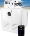 Dope 12V Tankless Water Heater Pumping Smooth Hot Flow For Your Camping Rig Using Smart Digital Thermostat Tech And 55000 BTU Muscle For Van Life Adventures in white housing with control panel.