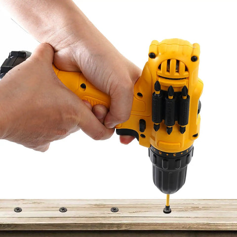 Drill Bit Holder Holster Pack Of 4 Attaches To The Side Of Your Drill for quick swaps, universal fit, CNCSS accessory in use with yellow drill