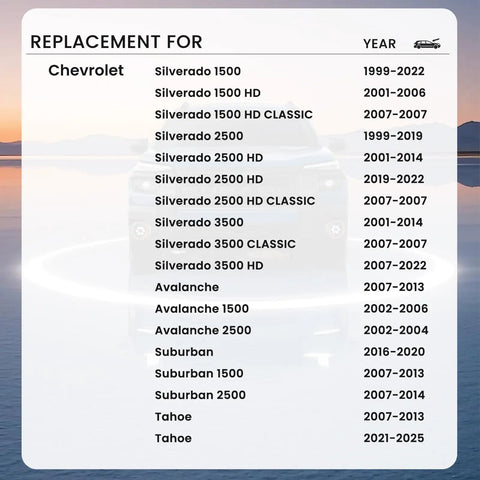 Replacement list for Premium 22 Inch Beam Wiper Blades For Chevy Avalanche Silverado Suburban Tahoe by year and model.