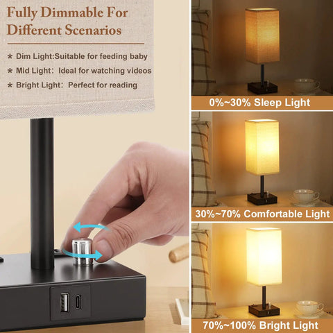 Fully Dimmable Nightstand Lamps Set Of 2 With Stepless Dimming Rotary Switch showing dimming levels and USB ports for charging