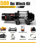 Top Tier 4500Lbs Electric Winch With Heavy Duty Steel Cable And Wired Remote Control complete installation kit including remote and fairlead.