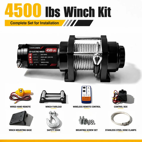 Top Tier 4500Lbs Electric Winch With Heavy Duty Steel Cable And Wired Remote Control complete installation kit including remote and fairlead.