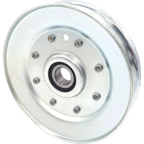 V Groove Idler Pulley Wheel 5 Inch Diameter 5 By 8 Bore 1.11 Inch Wide Built Tough For 4L And 5L Belts Ideal For Compressors Industrial Fans Lawn Mowers For Your Home Shop And Other Power Transmission Needs Model 35500063, front view.