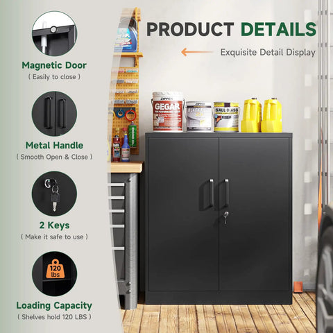 Heavy Duty Metal Storage Cabinet With Locking Doors 2 Door Steel Locker With Adjustable Shelves Rustproof Powder Coated Black
