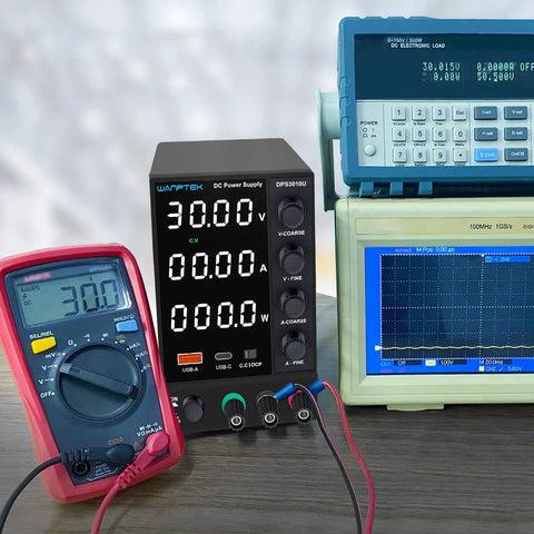 DC Variable Power Supply With Auto Voltage Detect 110V 220V Upgrade, Adjustable 0 to 30V 0 to 10A, on electronics bench